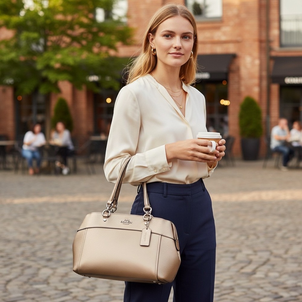 Coach Metallic Champagne Gold‎ Crossgrain Leather Satchel Crossbody Bag